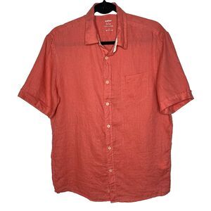 CELIO 100% Linen Shirt Short Sleeve Button Front Pocket Lightweight Mens M Coral